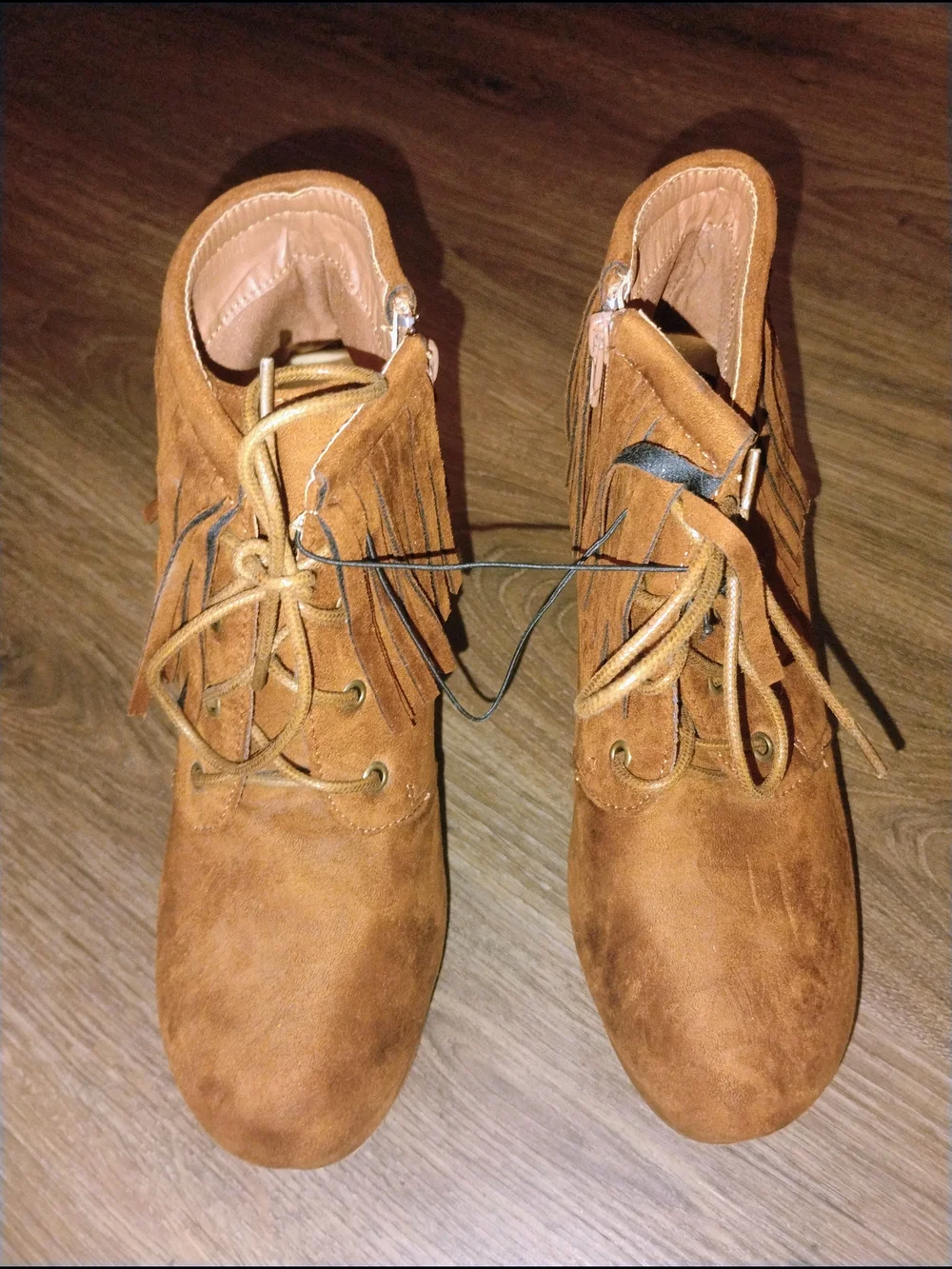 Fringed Suede Wedge Ankle Boots in Tan